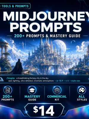cover_thumb_v2_1767 Midjourney Prompt Pack — 200+ Prompts, Mastery Guide & Commercial Toolkit
