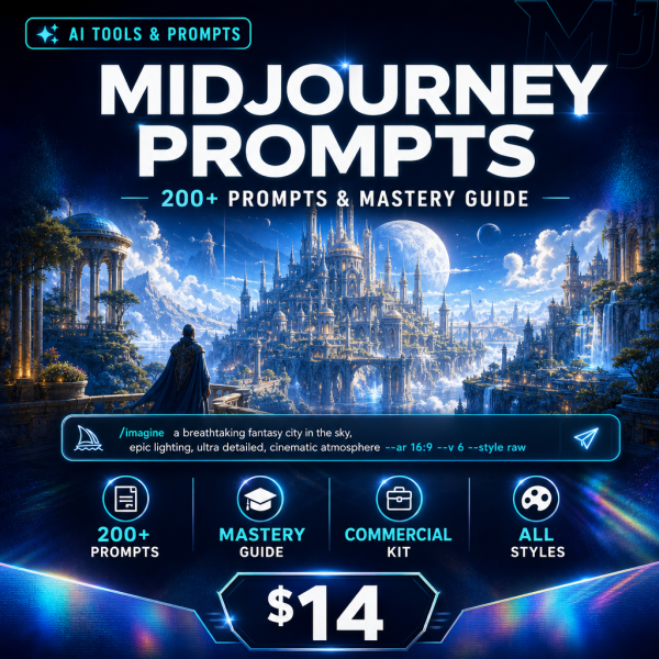 cover_thumb_v2_1767 Midjourney Prompt Pack — 200+ Prompts, Mastery Guide & Commercial Toolkit
