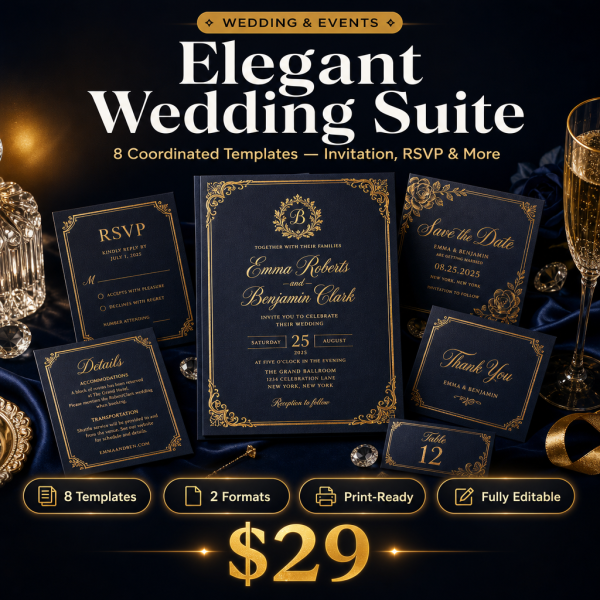 Elegant Wedding Suite – 8 Luxury Invitation & Stationery Templates