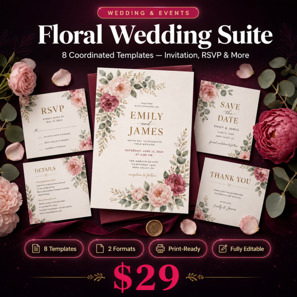 Floral Wedding Suite – 8 Botanical Invitation & Stationery Templates