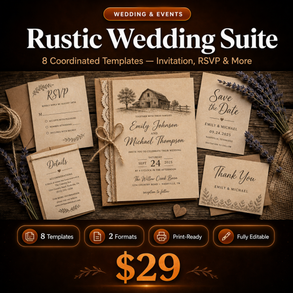 Rustic Wedding Suite – 8 Country-Chic Invitation & Stationery Templates