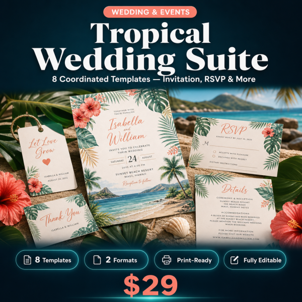 Tropical Wedding Suite – 8 Island-Inspired Invitation & Stationery Templates