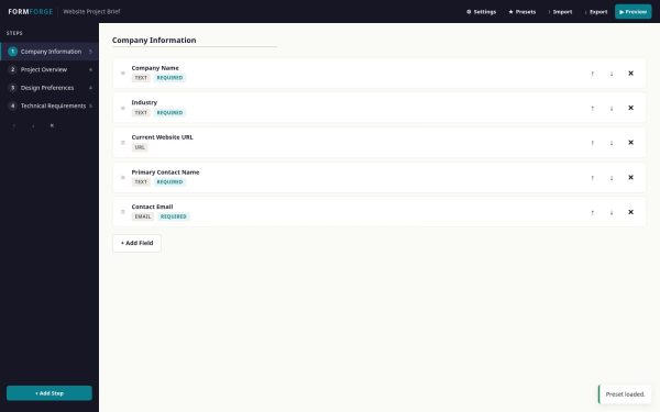 FORMFORGE visual builder overview with preset steps and fields