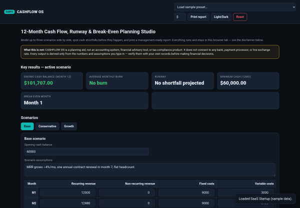CASHFLOW OS — 12-Month Cash Flow, Runway & Break-Even Planning Studio