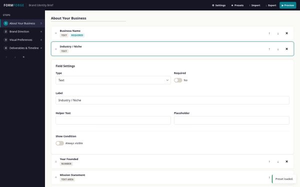 FORMFORGE field settings and conditional logic editor