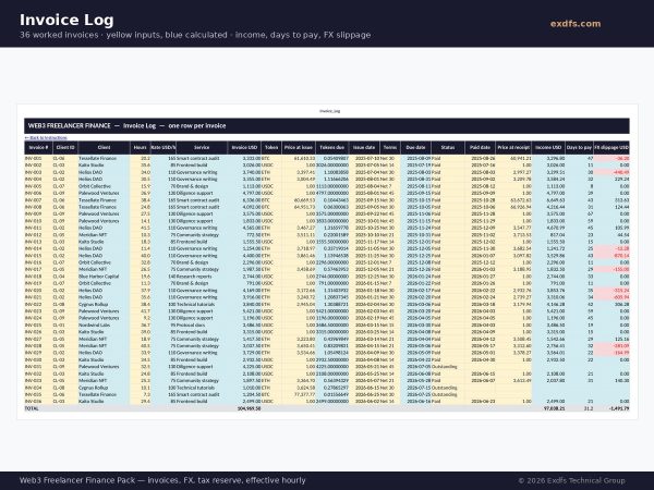Web3 Freelancer Finance Pack screenshot — Invoice Log