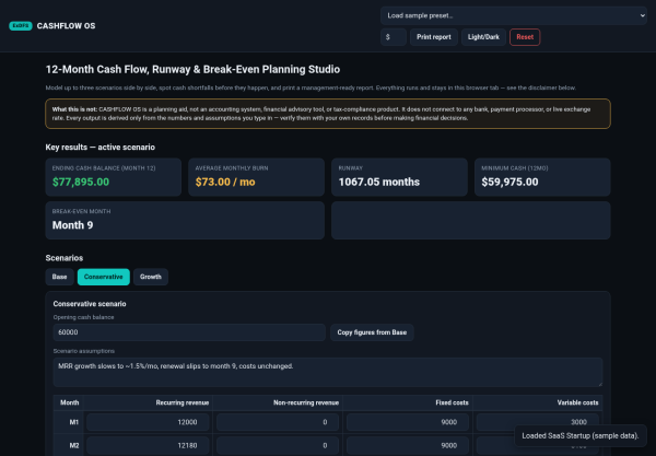 CASHFLOW OS — 12-Month Cash Flow, Runway & Break-Even Planning Studio