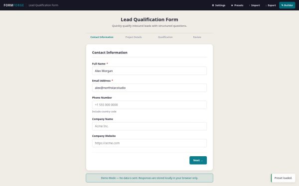 FORMFORGE multi-step lead qualification respondent flow