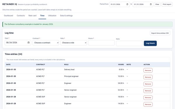 03_Time_Logging_And_Import RETAINER IQ screenshot — Time Logging And Import