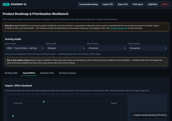 03_impact_effort_quadrant ROADMAP IQ — Product Roadmap & Prioritization Workbench