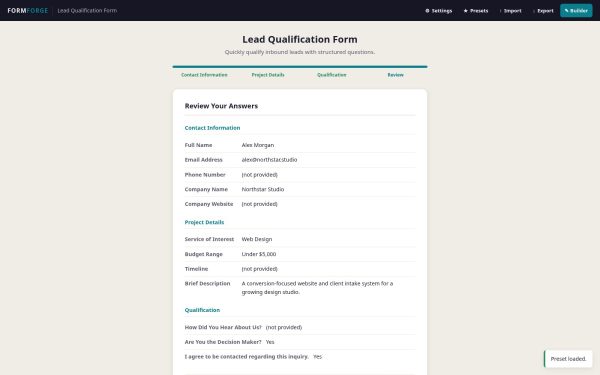 FORMFORGE response review and export summary