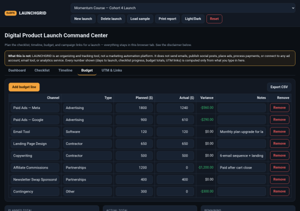 04_budget LAUNCHGRID — Digital Product Launch Command Center