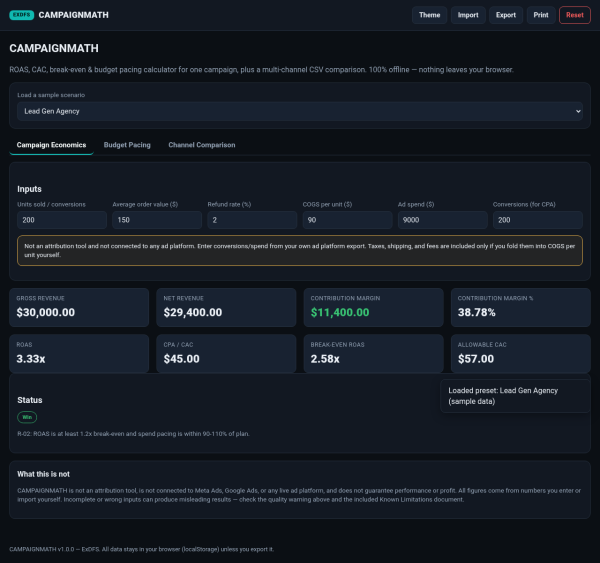 04_leadgen_preset CAMPAIGNMATH — ROAS, CAC, Break-Even & Budget Pacing Calculator