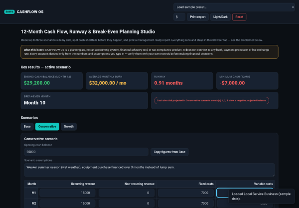 CASHFLOW OS — 12-Month Cash Flow, Runway & Break-Even Planning Studio