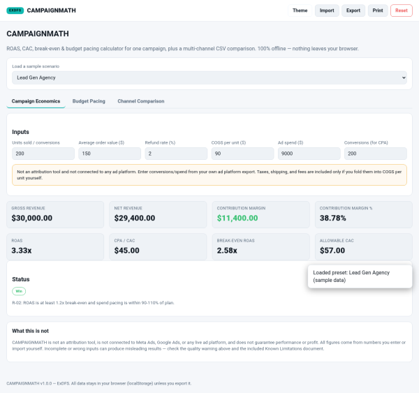 05_light_theme CAMPAIGNMATH — ROAS, CAC, Break-Even & Budget Pacing Calculator