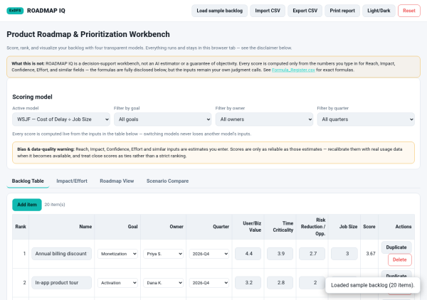 05_light_theme ROADMAP IQ — Product Roadmap & Prioritization Workbench