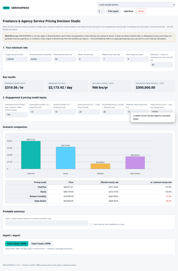 SERVICEPRICE — Freelance & Agency Service Pricing Decision Studio