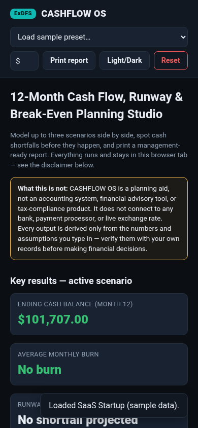 CASHFLOW OS — 12-Month Cash Flow, Runway & Break-Even Planning Studio