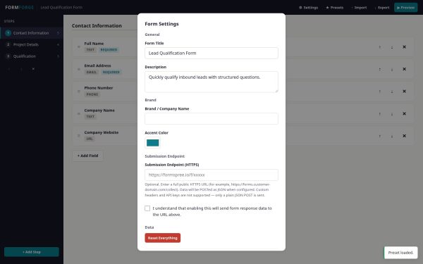 FORMFORGE branding settings and HTTPS delivery configuration