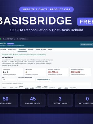 BASISBRIDGE_FREE_Thumbnail BASISBRIDGE FREE — 1099-DA Reconciliation & Cost-Basis Workbench (50 rows, offline)