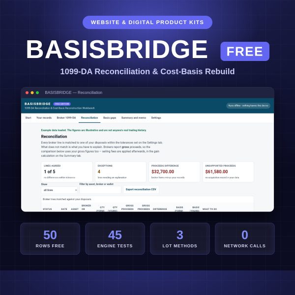 BASISBRIDGE_FREE_Thumbnail BASISBRIDGE FREE — 1099-DA Reconciliation & Cost-Basis Workbench (50 rows, offline)