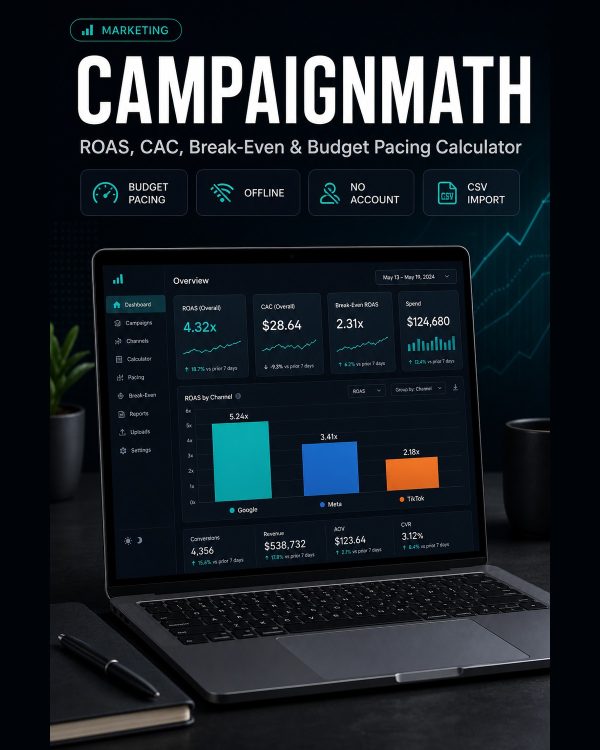 CAMPAIGNMATH_Detail CAMPAIGNMATH — ROAS, CAC, Break-Even & Budget Pacing Calculator