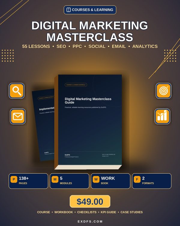 Digital Marketing Masterclass detail cover with actual product mockup and course components