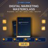 Digital Marketing Masterclass course cover with actual product mockup, five modules, workbook and two formats