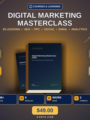 Digital Marketing Masterclass course cover with actual product mockup, five modules, workbook and two formats