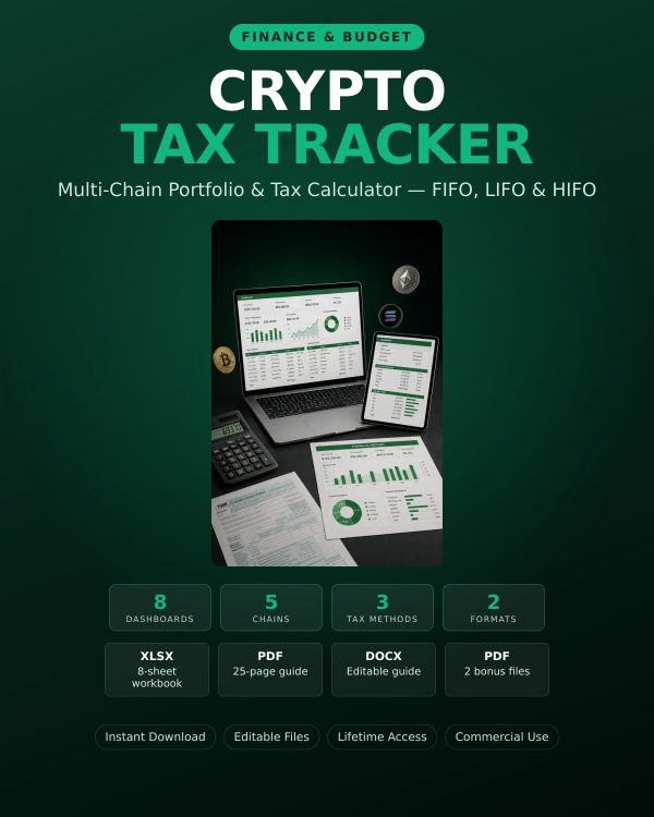 CRYPTO TAX TRACKER — Multi-Chain Portfolio, FIFO/LIFO/HIFO Calculator & 25-Page Guide