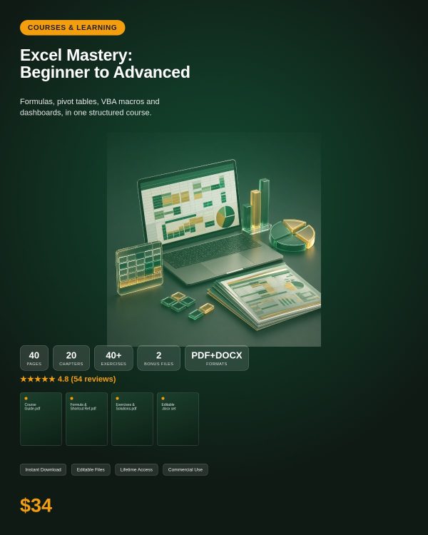 Excel Mastery: Beginner to Advanced — Formulas, Pivots & Dashboards