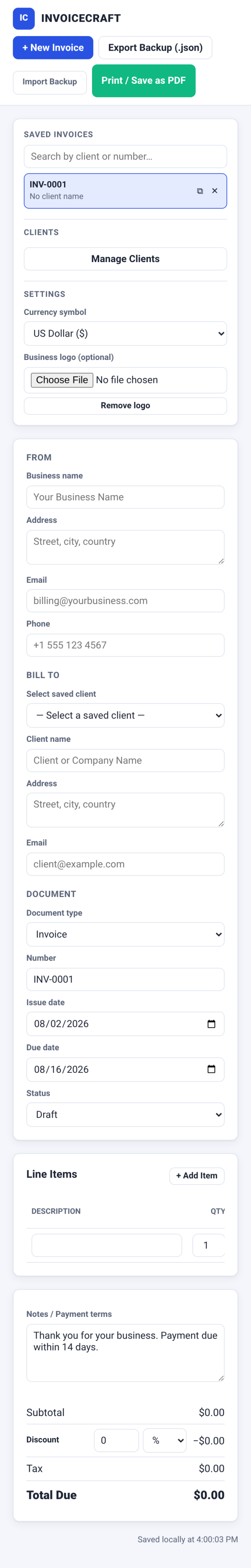 INVOICECRAFT — Offline Invoice, Pro-forma & Receipt Builder Kit