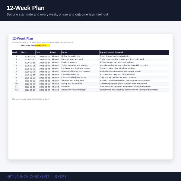 NFT_Launch_Checklist_Screenshot_3_Twelve_Week_Plan NFT Collection Launch Checklist — Complete Planning & Execution System