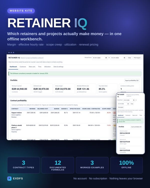 RETAINER_IQ_Detail RETAINER IQ contents — 3 contract types, 12 documented formulas, 3 worked examples, fully offline