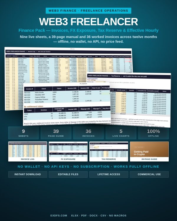 Web3 Freelancer Finance Pack contents — 9 sheets, 39-page guide, 36 worked invoices