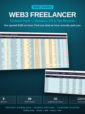 Web3 Freelancer Finance Pack cover showing the invoice log and cashflow sheets