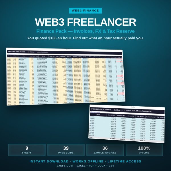 Web3 Freelancer Finance Pack cover showing the invoice log and cashflow sheets
