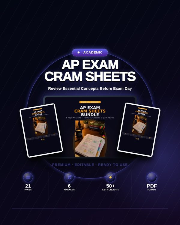 AP Exam Cram Sheets Bundle — Quick-Reference Sheets for 6 AP Subjects