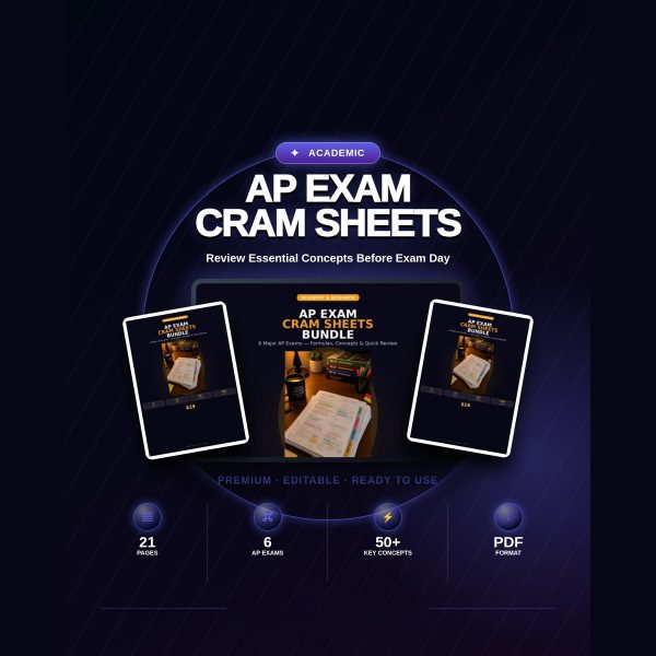 AP Exam Cram Sheets Bundle — Quick-Reference Sheets for 6 AP Subjects
