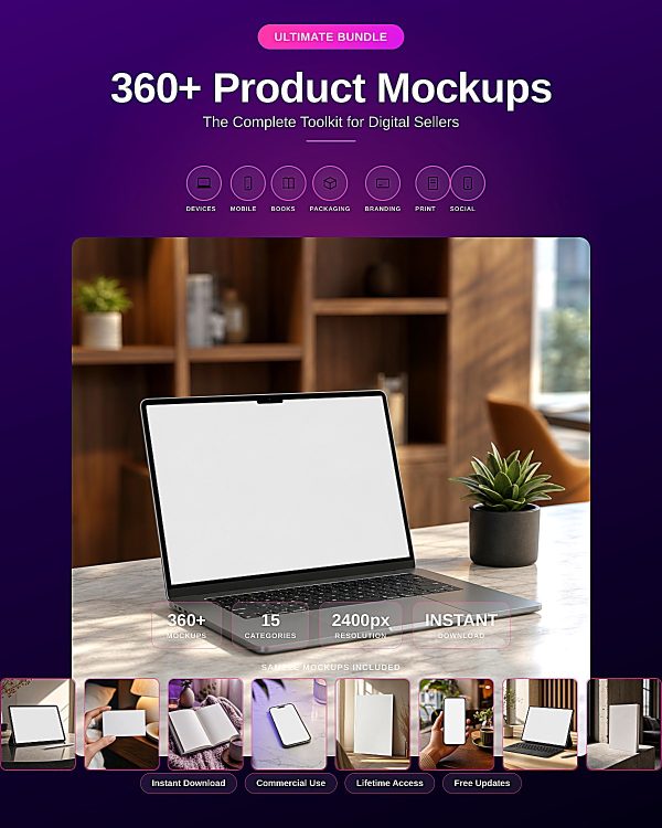 Digital Product Mockup Ultimate Bundle — 360+ Mockups in 15 Categories