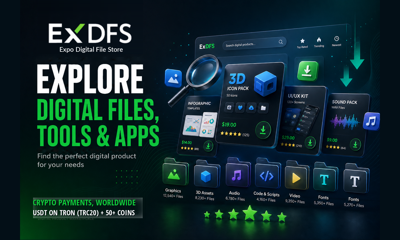 ExDFS digital marketplace - Crypto payments worldwide, USDT on TRON TRC20 and 50+ coins