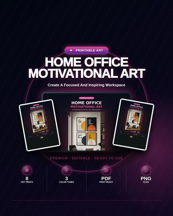 Home Office Motivational Art Set — 8 Quote & Geometric Prints