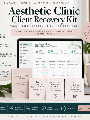 Aesthetic Clinic Client Recovery Kit by Sahar Growth Lab — Excel CRM tracker, 14 follow-up message scripts, objection handling playbook, 10 AI prompts and a PDF quick start guide for aesthetic clinics and medical spas