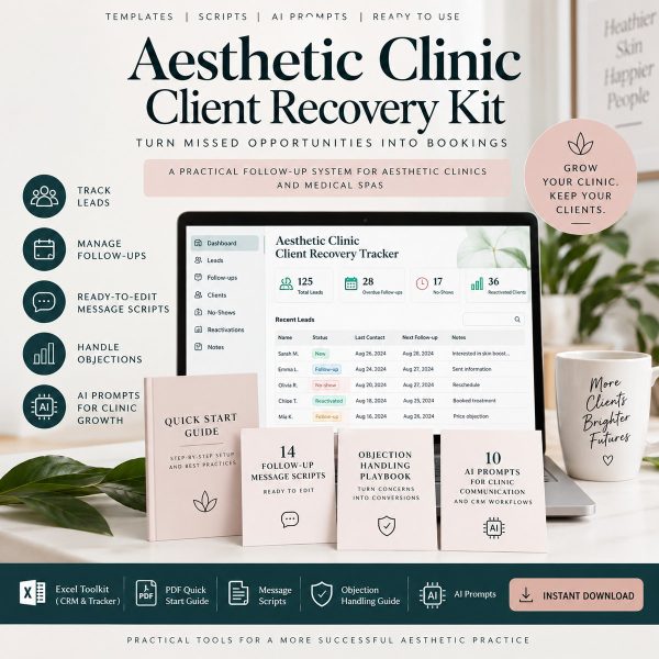 Aesthetic Clinic Client Recovery Kit by Sahar Growth Lab — Excel CRM tracker, 14 follow-up message scripts, objection handling playbook, 10 AI prompts and a PDF quick start guide for aesthetic clinics and medical spas