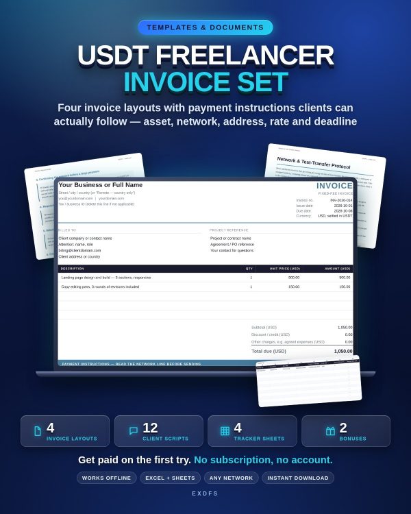 USDT Freelancer Invoice Set — 4 Invoice Layouts, 12 Client Payment Scripts & Invoice Tracker