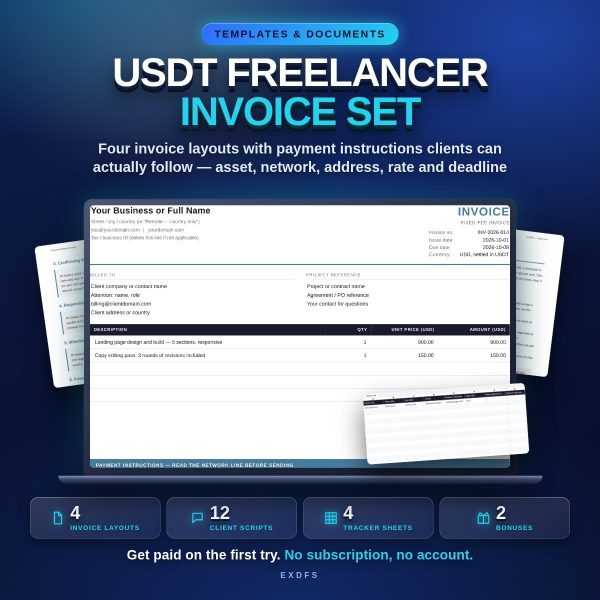 USDT Freelancer Invoice Set — 4 Invoice Layouts, 12 Client Payment Scripts & Invoice Tracker