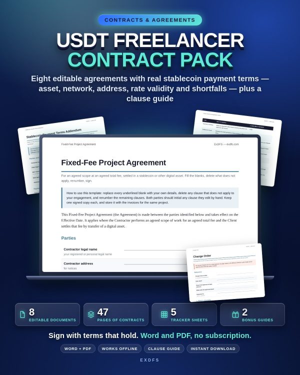 tp-102-Detail-1 USDT Freelancer Contract Pack — 8 Editable Agreements, Stablecoin Payment Terms & Clause Guide