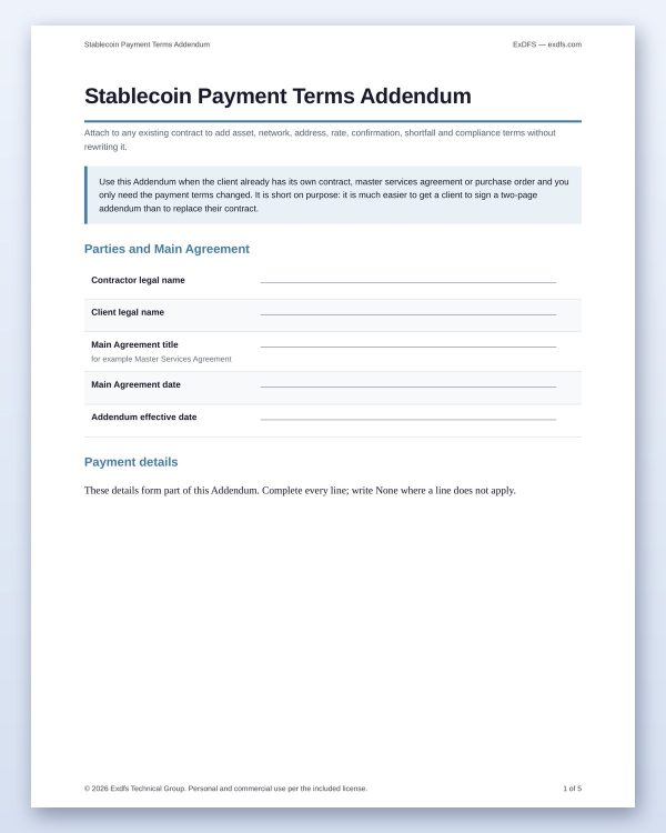 tp-102-addendum-3 USDT Freelancer Contract Pack — 8 Editable Agreements, Stablecoin Payment Terms & Clause Guide