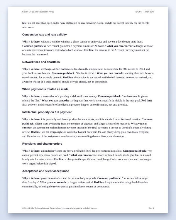 tp-102-clause_guide-4 USDT Freelancer Contract Pack — 8 Editable Agreements, Stablecoin Payment Terms & Clause Guide