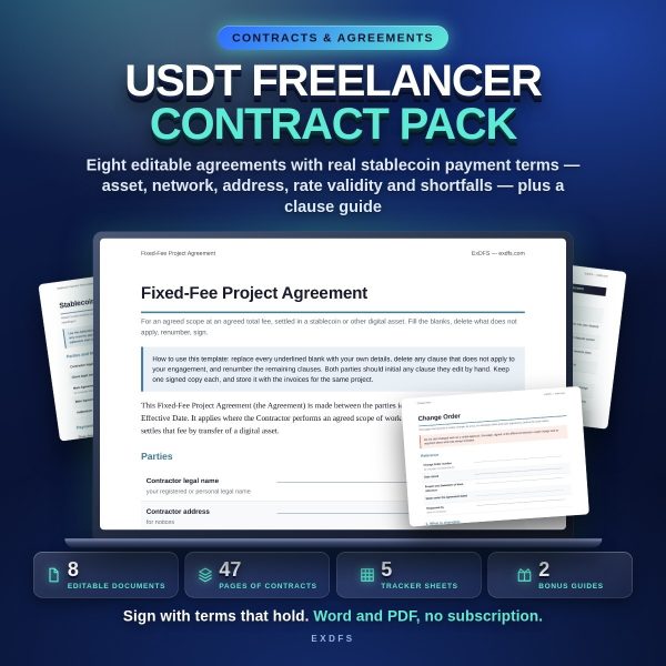 tp-102-cover USDT Freelancer Contract Pack — 8 Editable Agreements, Stablecoin Payment Terms & Clause Guide